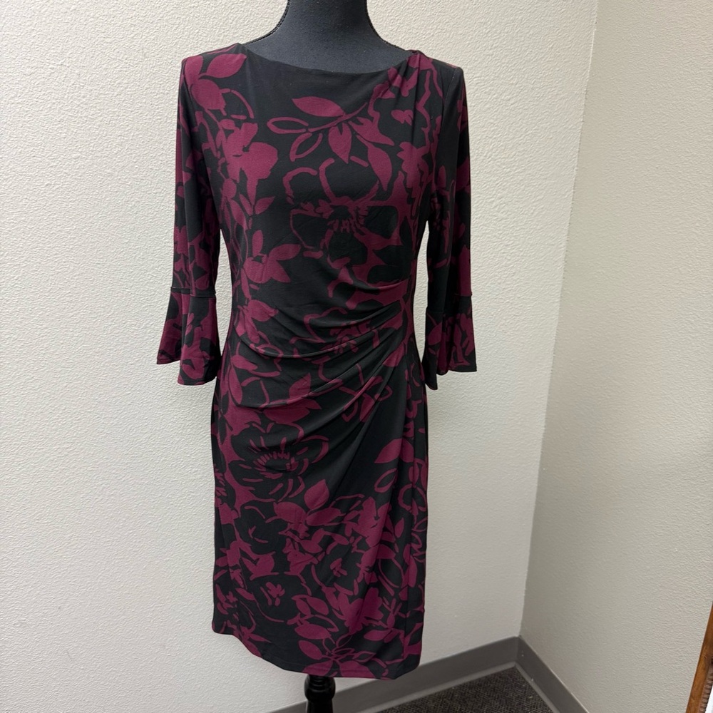 Lauren Ralph Lauren Black Burgundy Floral Ruched Sheath Dress Size 10 - Picture 3 of 10